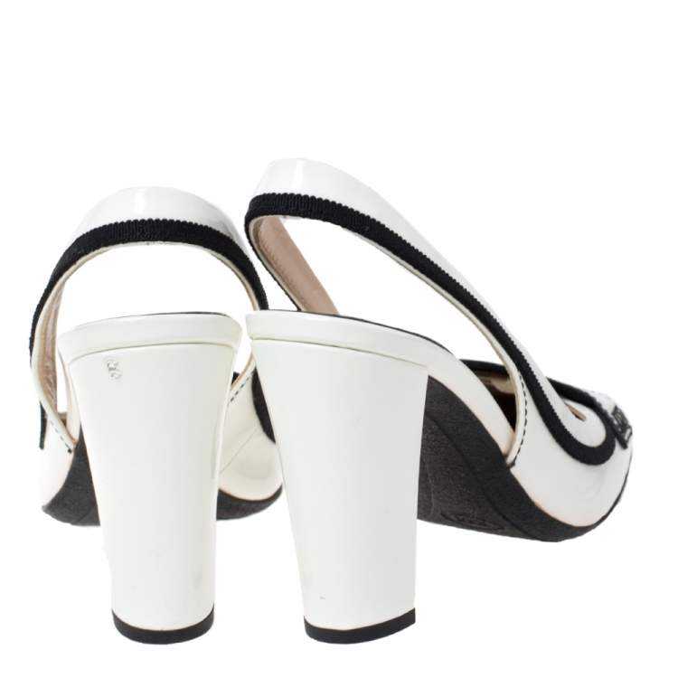 Pre Owned Tod's White/Black Patent Leather And Fabric Trim Penny Loafer Slingback Sandals Size 36.5