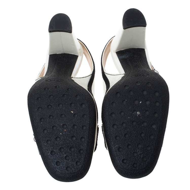 Pre Owned Tod's White/Black Patent Leather And Fabric Trim Penny Loafer Slingback Sandals Size 36.5