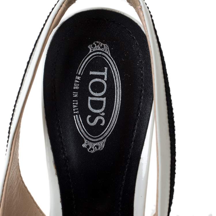Pre Owned Tod's White/Black Patent Leather And Fabric Trim Penny Loafer Slingback Sandals Size 36.5
