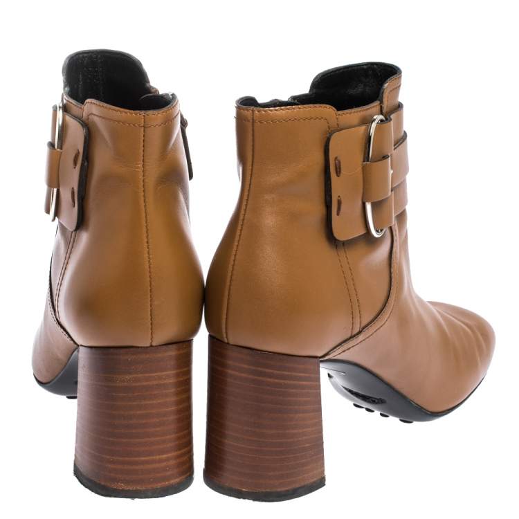 Pre Owned Tod's Brown Leather Buckle Detail Ankle Booties Size 39