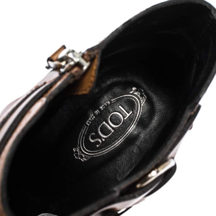 Pre Owned Tod's Brown Leather Buckle Detail Ankle Booties Size 39