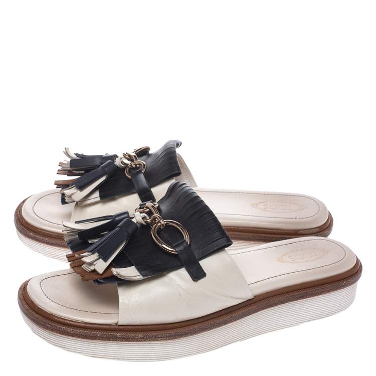 Pre Owned Tod's Multicolor Leather Fringe Detail Platform Slide Sandals Size 40