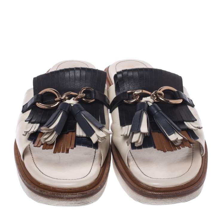 Pre Owned Tod's Multicolor Leather Fringe Detail Platform Slide Sandals Size 40