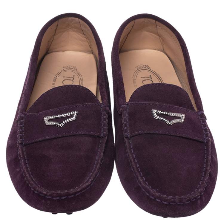 Pre Owned Tod’s Purple Suede Crystal Stud Penny Loafers Size 38