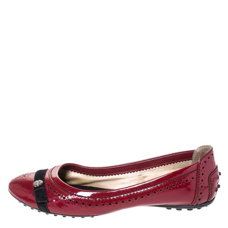 Pre Owned Tod's Dark Red Brogue Patent Leather Ballet Flats Size 38
