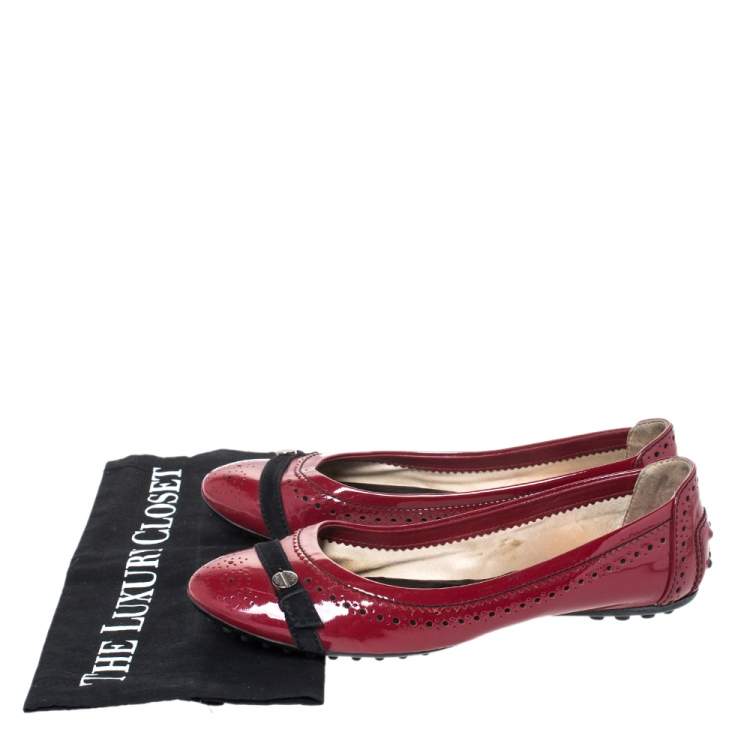 Pre Owned Tod's Dark Red Brogue Patent Leather Ballet Flats Size 38