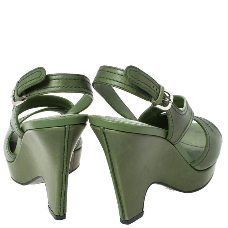 Pre Owned Tod's Green Leather Slingback Platform Wedges Size 38