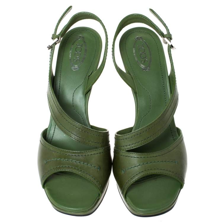 Pre Owned Tod's Green Leather Slingback Platform Wedges Size 38