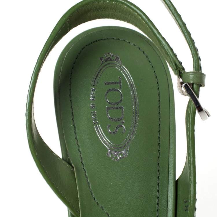 Pre Owned Tod's Green Leather Slingback Platform Wedges Size 38
