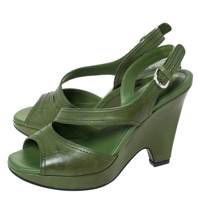 Pre Owned Tod's Green Leather Slingback Platform Wedges Size 38