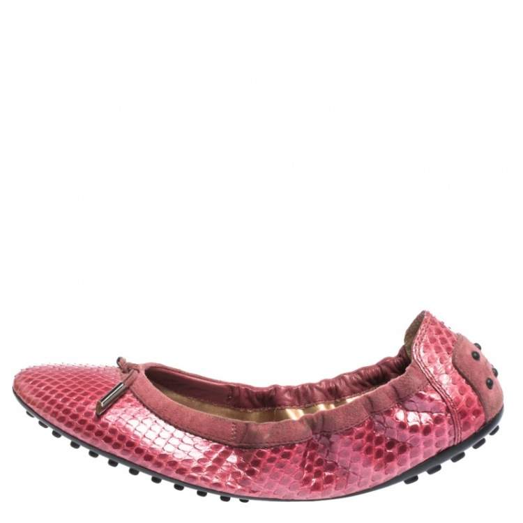 Pre Owned Tod's Pink Python Leather Scrunch Ballet Flats Size 38