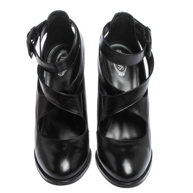 Pre Owned Tod's Black Leather Cross Strap Pumps Size 39