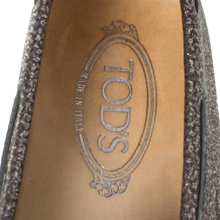 Pre Owned Tod's Grey/Silver Glitter Leather Bow Detail Driving Loafers Size 37.5