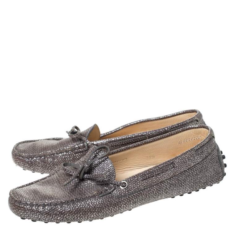 Pre Owned Tod's Grey/Silver Glitter Leather Bow Detail Driving Loafers Size 37.5