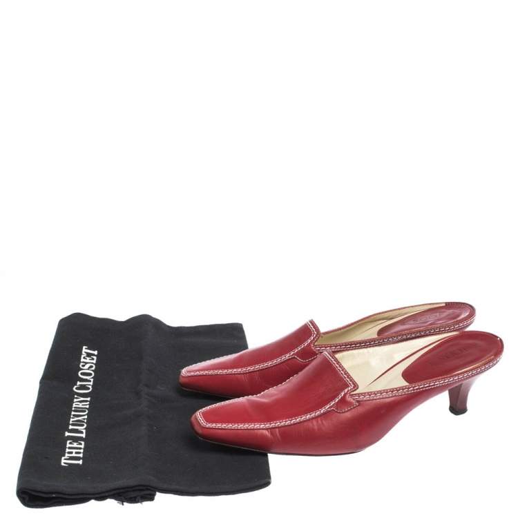 Pre Owned Tod's Red Leather Loafer Slide Kitten Heel Mules Size 37