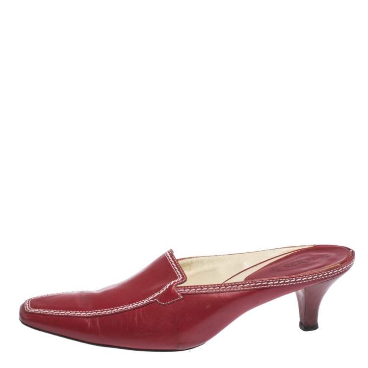 Pre Owned Tod's Red Leather Loafer Slide Kitten Heel Mules Size 37