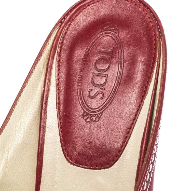 Pre Owned Tod's Red Leather Loafer Slide Kitten Heel Mules Size 37