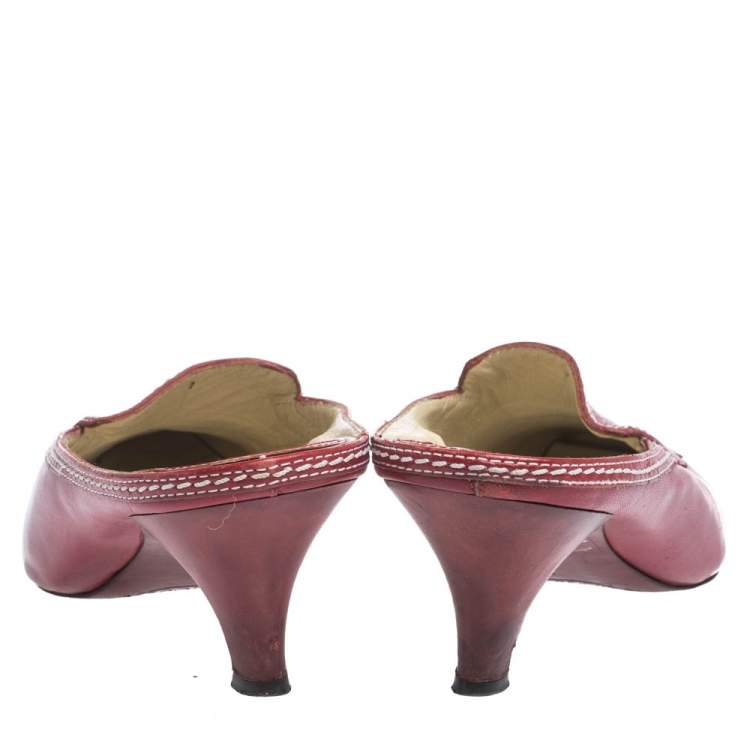 Pre Owned Tod's Red Leather Loafer Slide Kitten Heel Mules Size 37