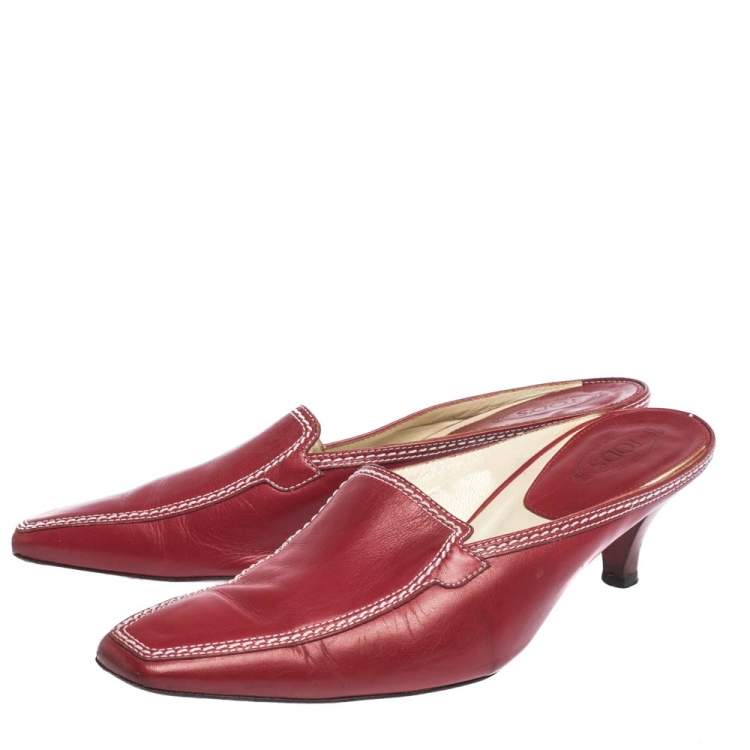 Pre Owned Tod's Red Leather Loafer Slide Kitten Heel Mules Size 37