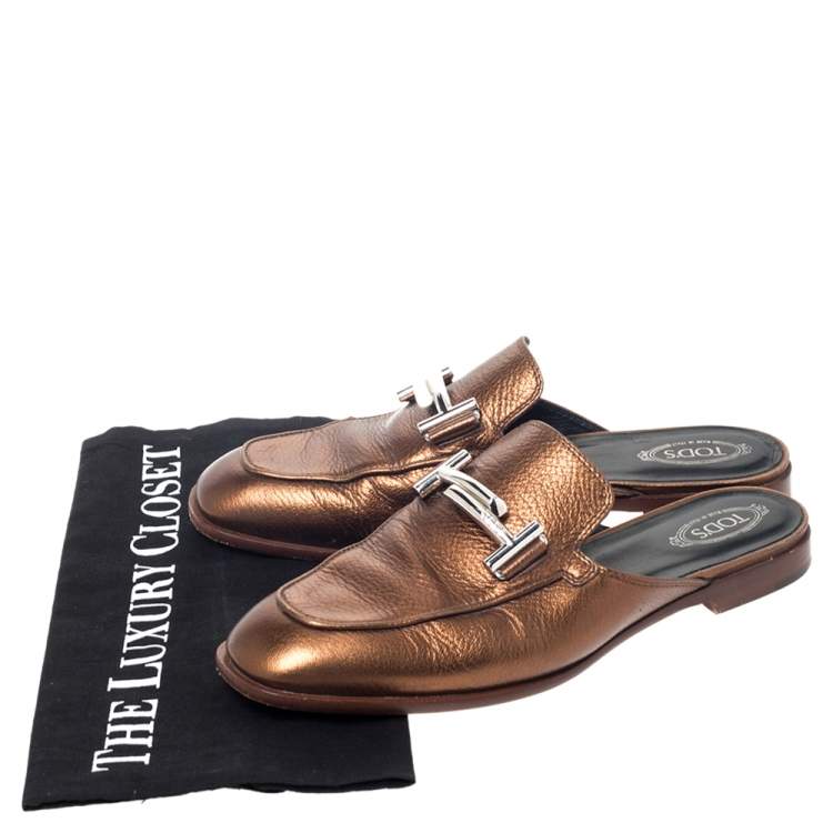 Pre Owned Tod's Metallic Bronze Leather Double T Mules Size 37.5