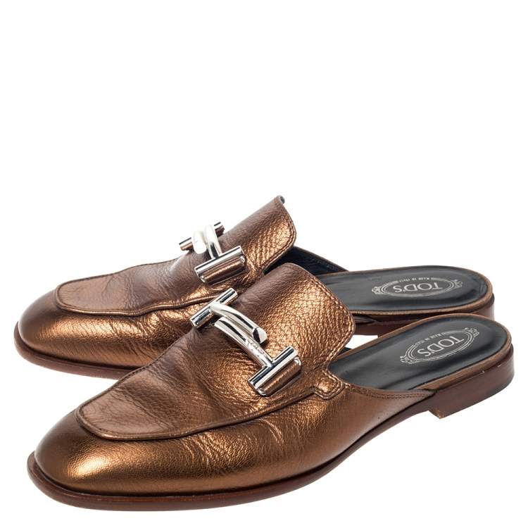 Pre Owned Tod's Metallic Bronze Leather Double T Mules Size 37.5