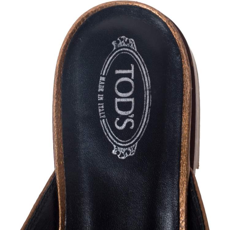 Pre Owned Tod's Metallic Bronze Leather Double T Mules Size 37.5