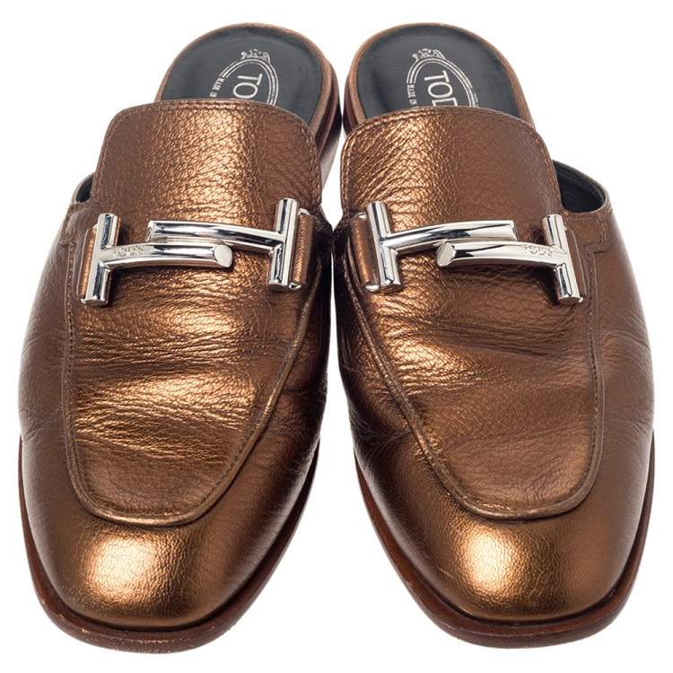 Pre Owned Tod's Metallic Bronze Leather Double T Mules Size 37.5