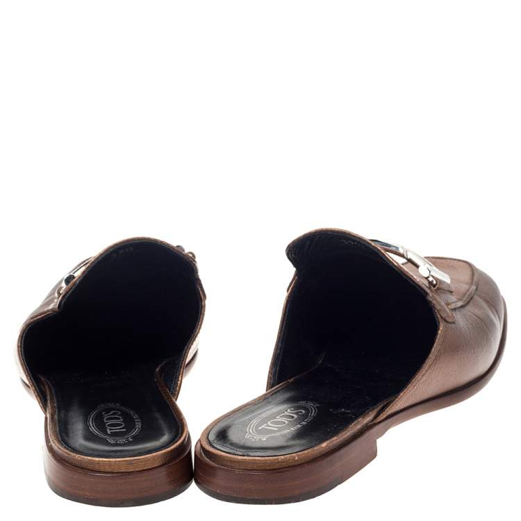Pre Owned Tod's Metallic Bronze Leather Double T Mules Size 37.5