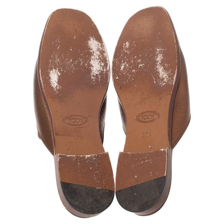 Pre Owned Tod's Metallic Bronze Leather Double T Mules Size 37.5