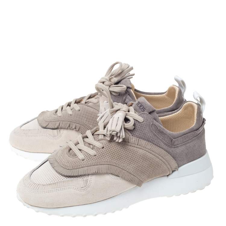 Pre Owned Tod's Grey/Beige Suede Fringe And Tassel Lace Detail Sneakers Size 39