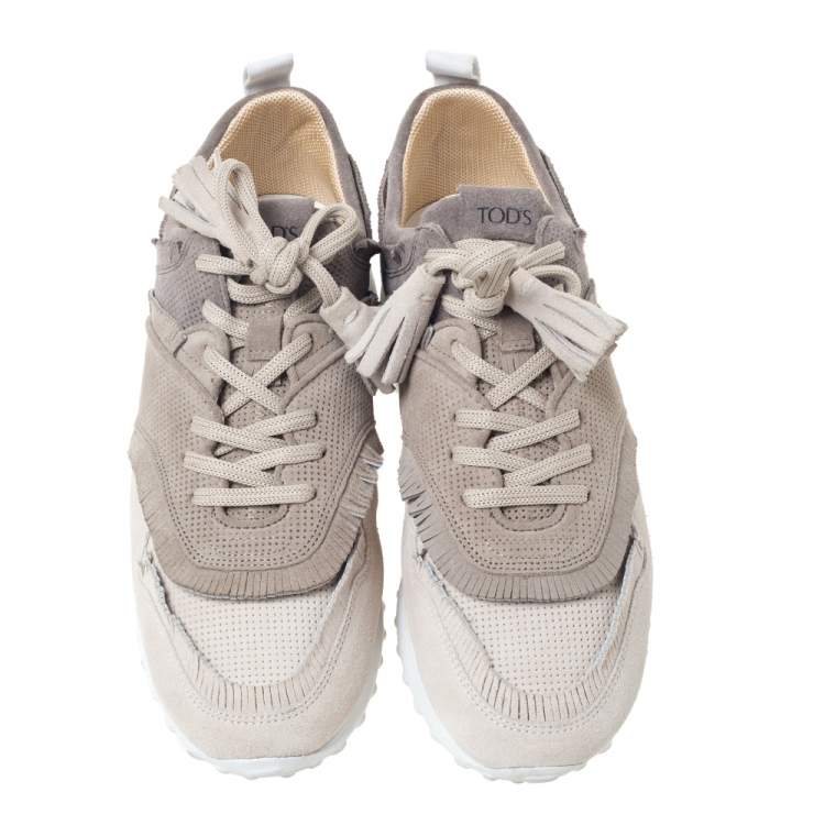 Pre Owned Tod's Grey/Beige Suede Fringe And Tassel Lace Detail Sneakers Size 39