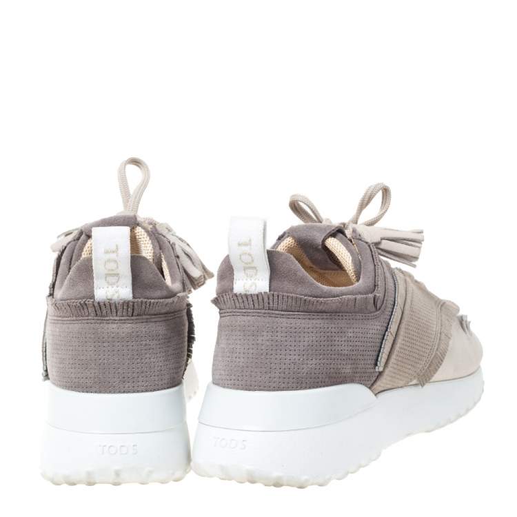Pre Owned Tod's Grey/Beige Suede Fringe And Tassel Lace Detail Sneakers Size 39