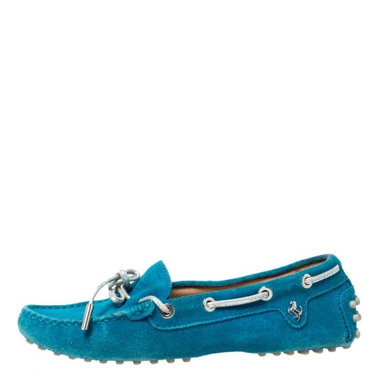 Pre Owned Tod's For Ferrari Teal Blue Suede Bow Loafers Size 35.5
