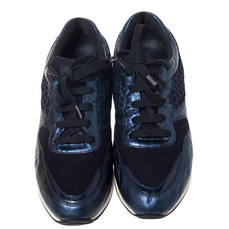 Pre Owned Tod's Metallic Blue Leather and Mesh Fabric Sports Sneakers Size 38