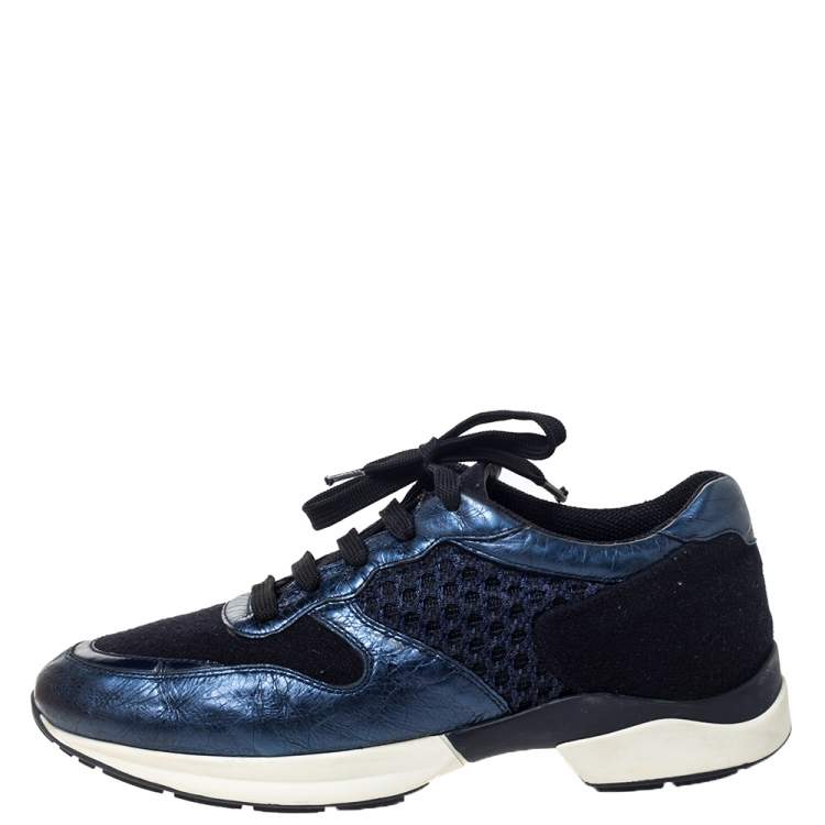 Pre Owned Tod's Metallic Blue Leather and Mesh Fabric Sports Sneakers Size 38