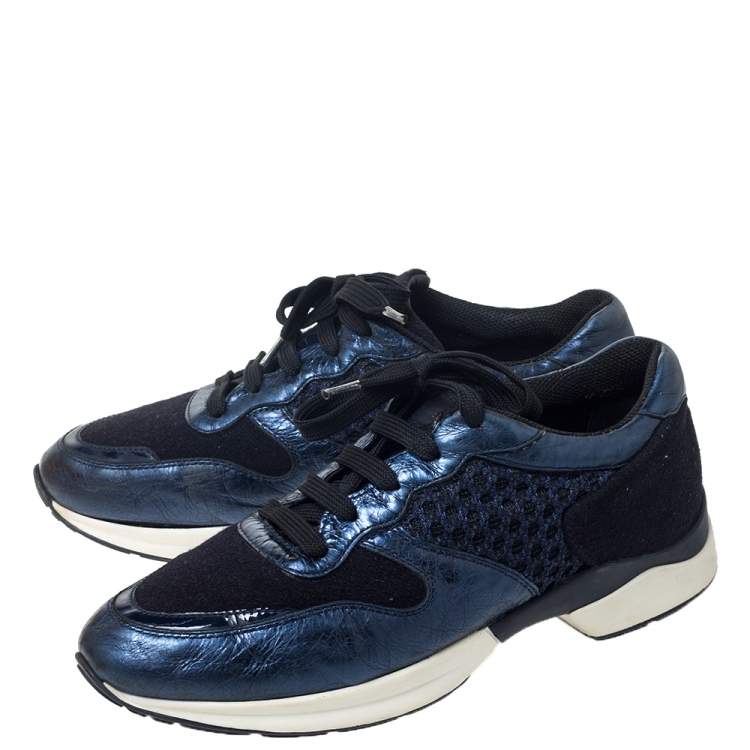 Pre Owned Tod's Metallic Blue Leather and Mesh Fabric Sports Sneakers Size 38