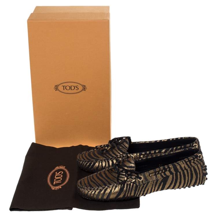 Pre Owned Tod's Metallic Gold Zebra Print Suede Gommino Driving Loafers Size 37