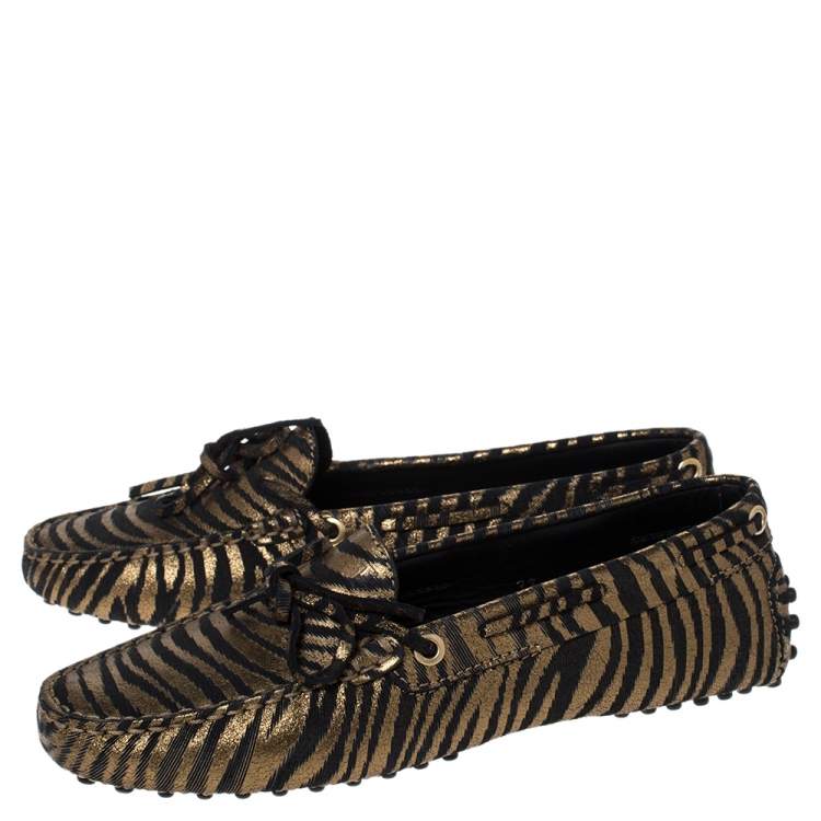Pre Owned Tod's Metallic Gold Zebra Print Suede Gommino Driving Loafers Size 37