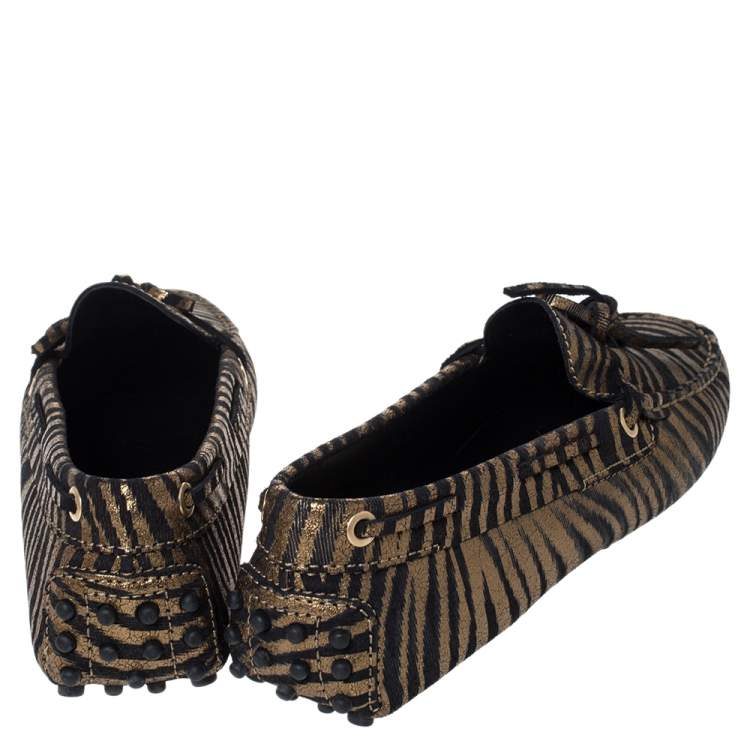 Pre Owned Tod's Metallic Gold Zebra Print Suede Gommino Driving Loafers Size 37