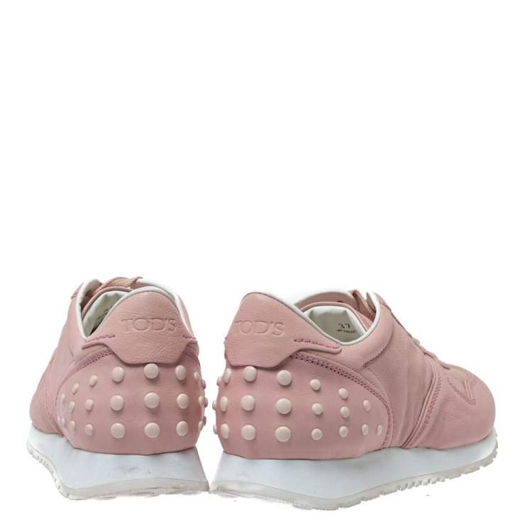 Pre Owned Tod's Pink Leather Studded Lace Up Sneakers Size 37
