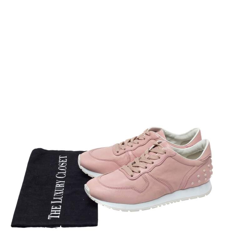 Pre Owned Tod's Pink Leather Studded Lace Up Sneakers Size 37