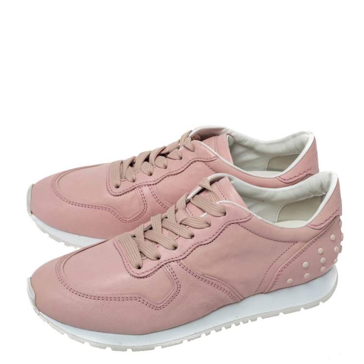 Pre Owned Tod's Pink Leather Studded Lace Up Sneakers Size 37