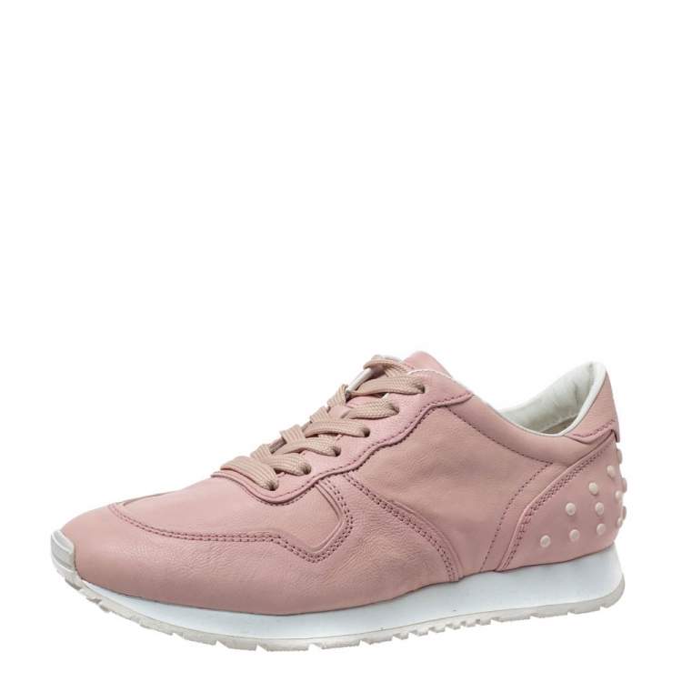 Pre Owned Tod's Pink Leather Studded Lace Up Sneakers Size 37