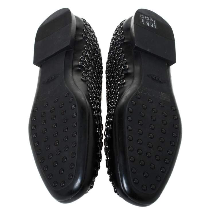 Pre Owned Tod's Black Leather Stitch Detail And Embellished Ballet Flats Size 38.5