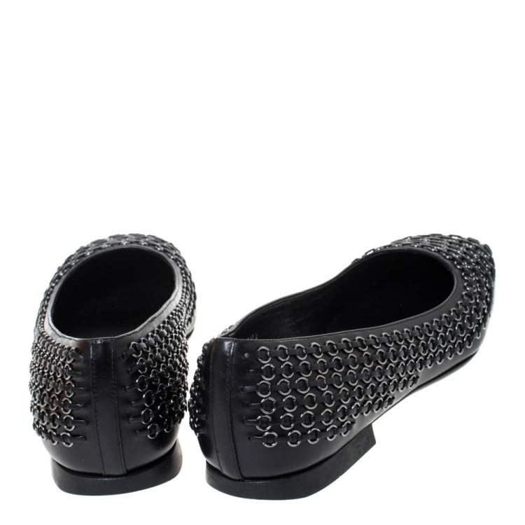 Pre Owned Tod's Black Leather Stitch Detail And Embellished Ballet Flats Size 38.5