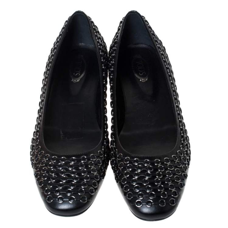 Pre Owned Tod's Black Leather Stitch Detail And Embellished Ballet Flats Size 38.5