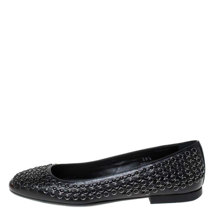 Pre Owned Tod's Black Leather Stitch Detail And Embellished Ballet Flats Size 38.5