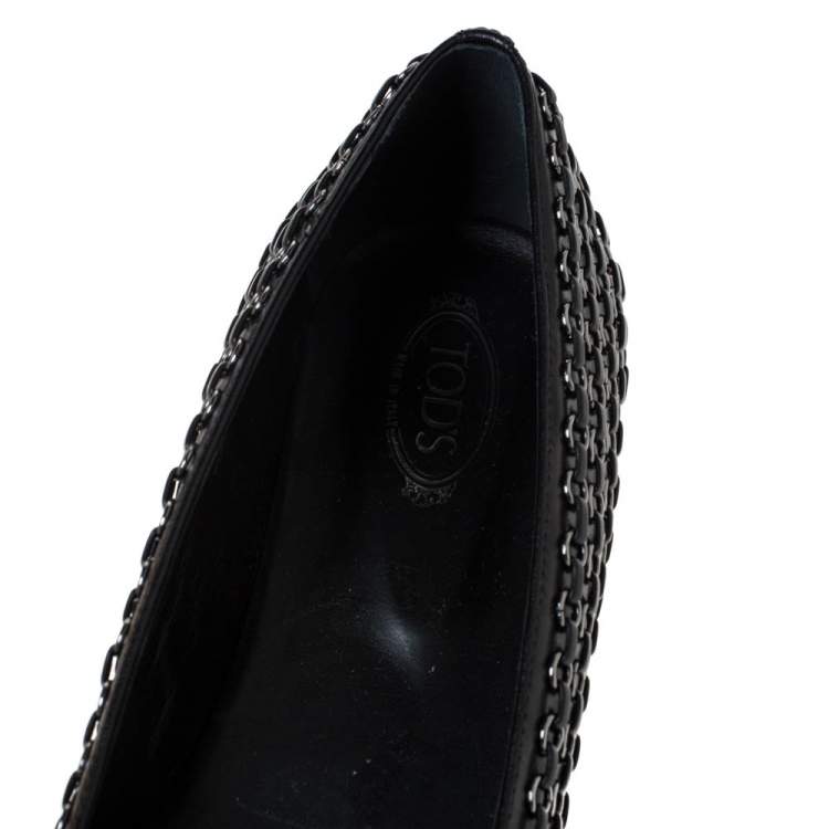 Pre Owned Tod's Black Leather Stitch Detail And Embellished Ballet Flats Size 38.5