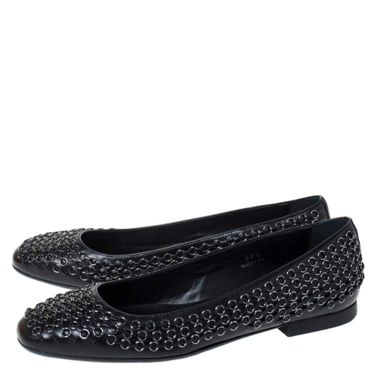 Pre Owned Tod's Black Leather Stitch Detail And Embellished Ballet Flats Size 38.5