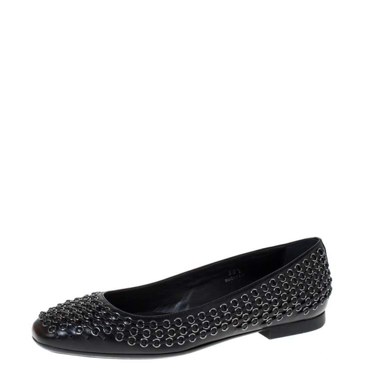Pre Owned Tod's Black Leather Stitch Detail And Embellished Ballet Flats Size 38.5